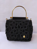 Bolsa Artesanal em Fio Náutico Preto com Base e Aba em Couro Legítimo