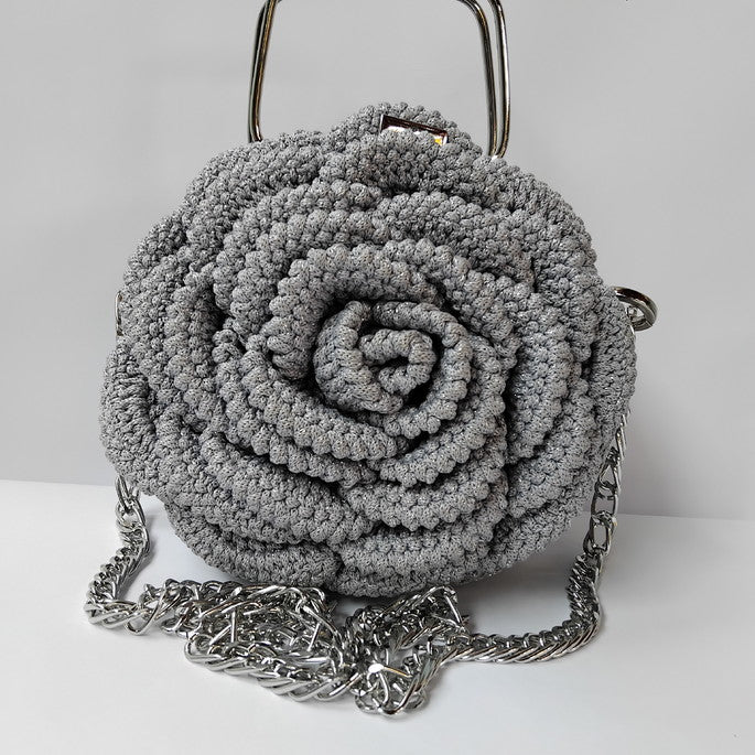 Bolsa Mega Rosa de Crochê com Fio de Poliéster com Lurex